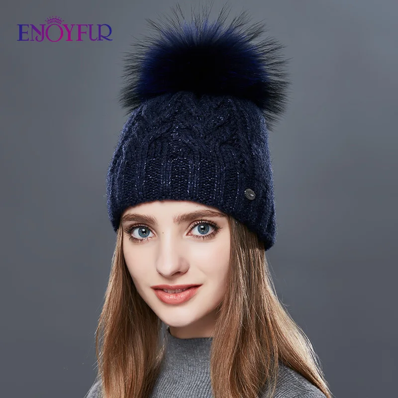 Enjoyfur толстые теплые двойные Слои Для женщин зимние Шапки модные грубые твист-Тип вязаная шапка женская Мех помпоном Кепки кашемир шапочки