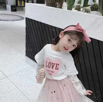 

2020 Korean style girls patchwork t-shirt cotton lace spring fashion girls top 2-7t C921