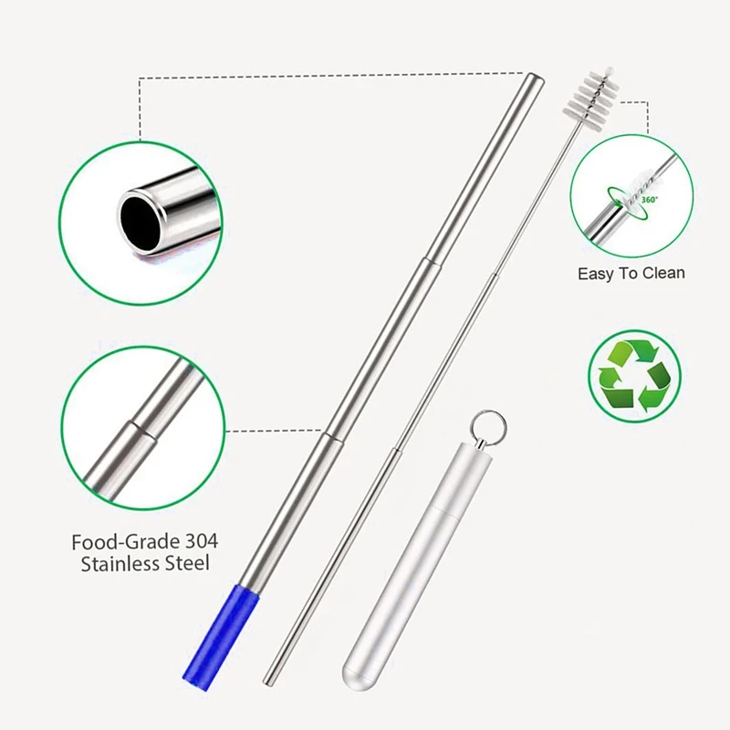 Telescopic Reusable Drinking Straws- Portable Stainless Steel Metal Straws Premium Food-Grade Folding Drinking Straws Keychain