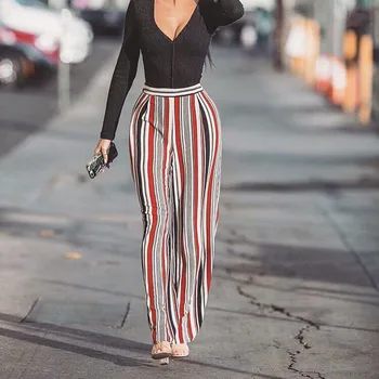 

Women Elegant OL High Waist Wide Leg Pants Capri Striped Casual Full Length Pants Trouser Women Summer Multi-color Pants Trouser