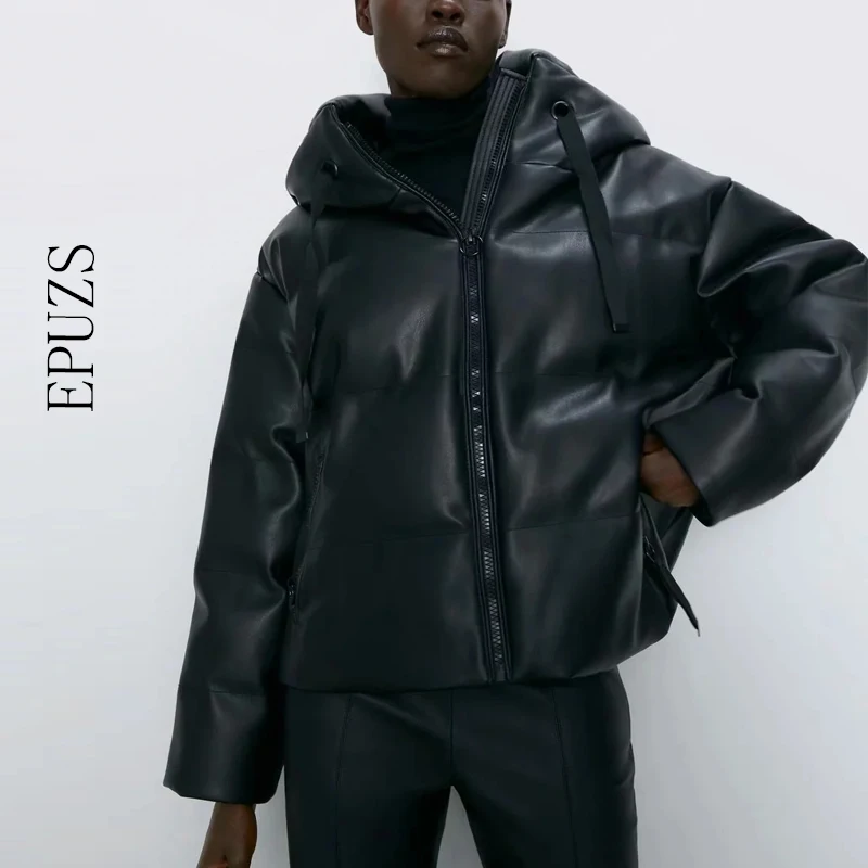 

Vintage Hooded Faux Leather Parkas women PU Leather Coats Korean warm thick parkas mujer 2019 plus size winter jacket women