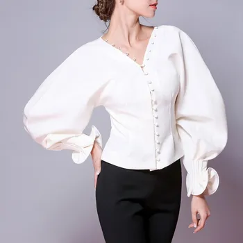 

2019 Fall Spring Women Sexy V-Neck Blouse Solid Vintage Button Front White Shirt Bodycon Petal Sleeve Slim Shirt