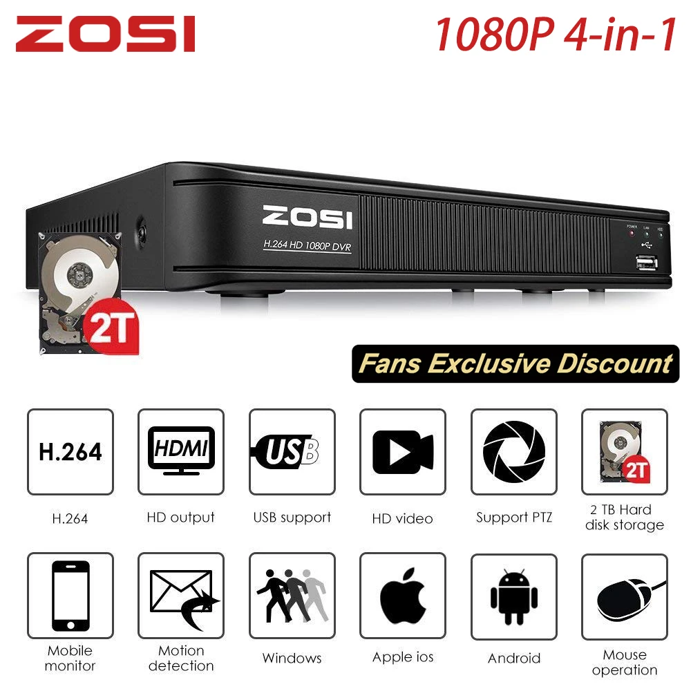 ZOSI 1080P AHD CVI CVBS 8-канальный гибридный 4 в 1 HD TVI DVR HDMI сети P2P Бесплатное мобильное приложение для безопасности Системы 2 ТБ HDD