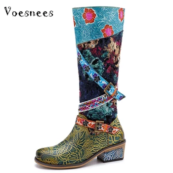 

Voesnees Women's Boots 2020 Autumn and Winter New Thick heel 4cm Retro Female Shoes Stitching Gradient keep warm Knee-High Boots