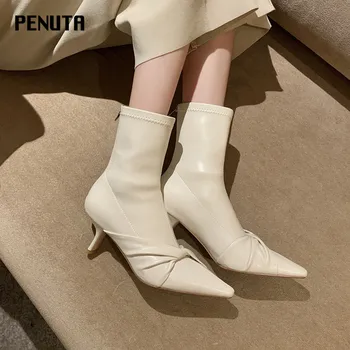 

2020 PENUTA Ladies Elegant Shoes New Designer Fashion Knot Shoes Slim Fit Women Short Boots Ins Winter Runway Heels Shoes D0110
