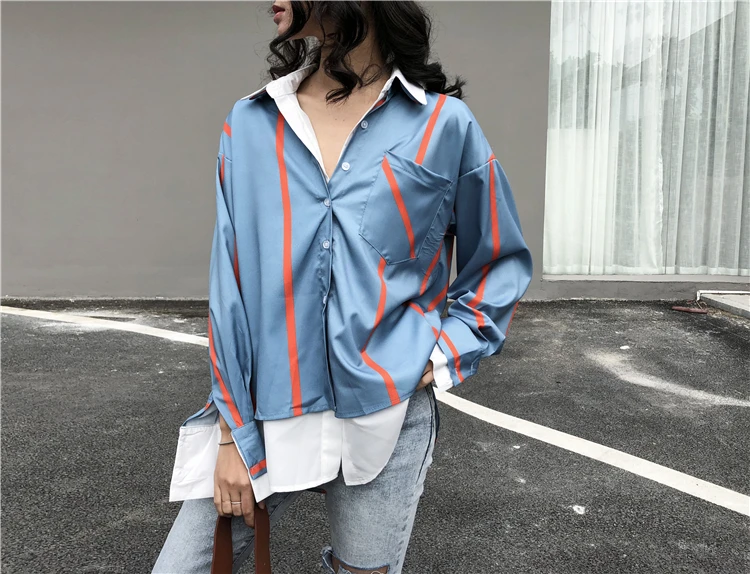 Cheerart осень полосатая рубашка женская с длинным рукавом Лоскутная Блузка Корейская синяя рубашка на пуговицах Свободный Топ осень