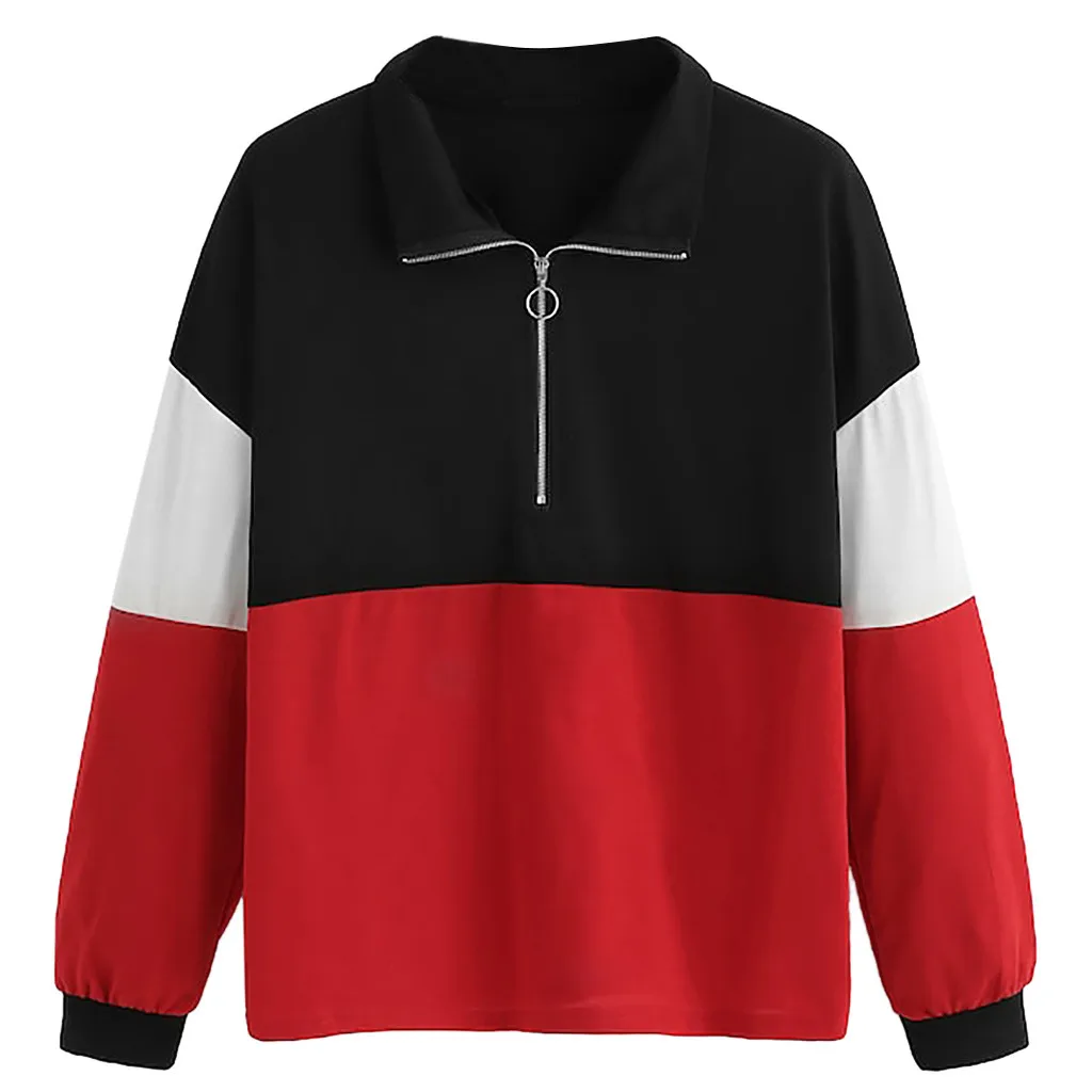 JAYCOSIN Fashion Women Zipper Hoodie Color Block Sweatshirt Casual Simple Loose O-Neck Comfortable Soft Jumper Blouse