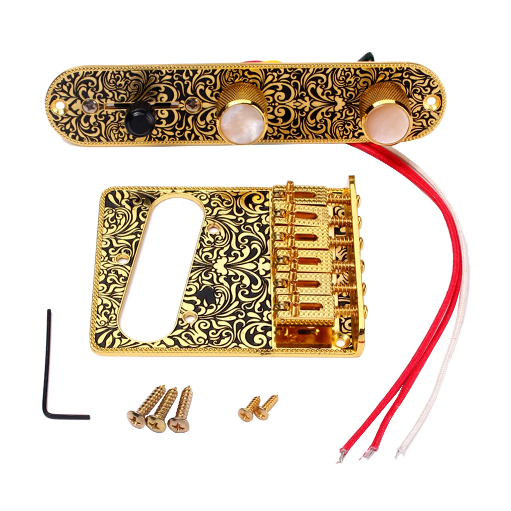 6 Saddle Top Loader Bridge with Control Plate, Screws, Wrench for Telecaster Guitar, Golden