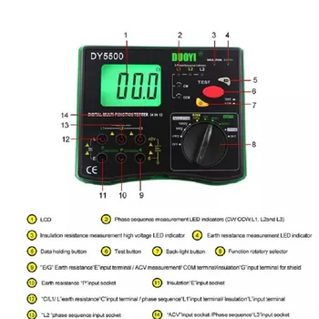 

DUOYI DY5500 4 in 1 Digital Multifunction Resistance Tester Multimeter Insulation Earth Voltmeter Measuring Phase Indicator