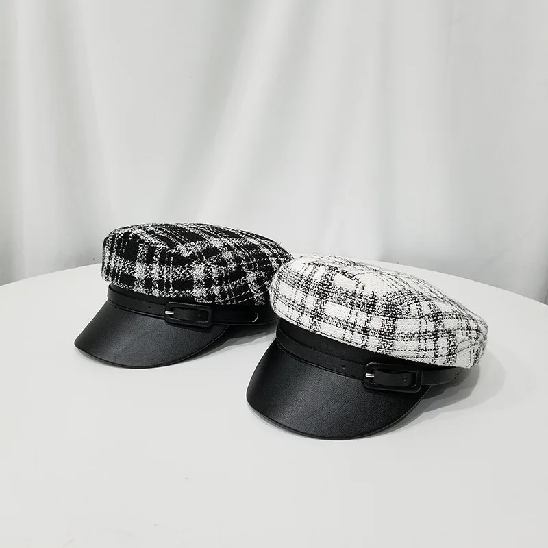 

Online Celebrity Black And White Lattices Leather Buckle Leather along Brim Hat Versatile Casual Cap Student Cap Octagonal Cap F