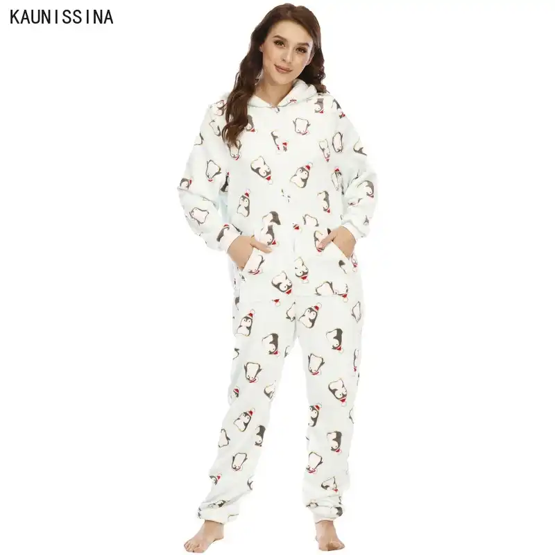 Onesies女性の冬のフランネル動物ワンピースパジャマスーツナイトウェア長袖フード付きパジャマかわいいパジャマ Aliexpress