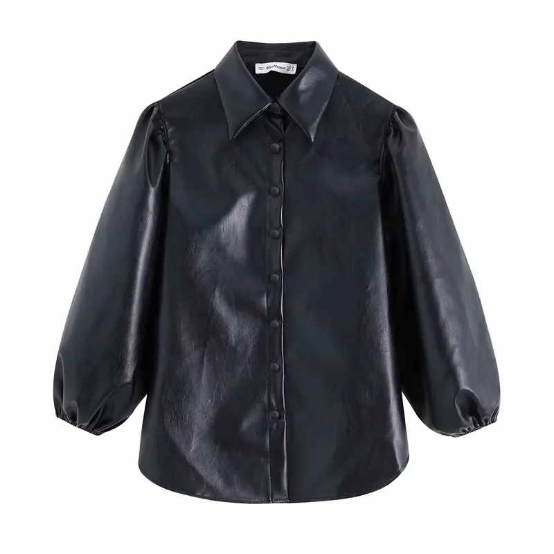 leather blouse Женские блузки из искусственной кожи, Ретро стиль, отложной воротник, женская рубашка с пышными рукавами, блузка в винтажном стиле, повседневная кожаная женская рубашка черного цвета - Цвет: leather blouse