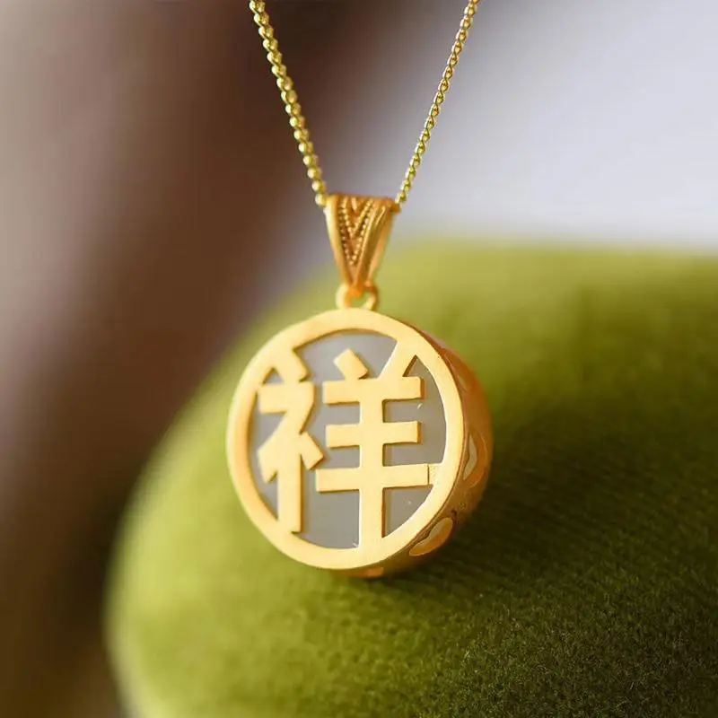 Natural Hetian jade white round brand Pendant Necklace Chinese style retro auspicious Ruyi light luxury lady jewelry | Украшения и