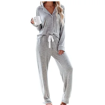 

Adult Drawstring Closure V Neck Button Down Sleeping Loose Soft Travel Home Women Pajama Set Long Sleeve Two Piece Trousers