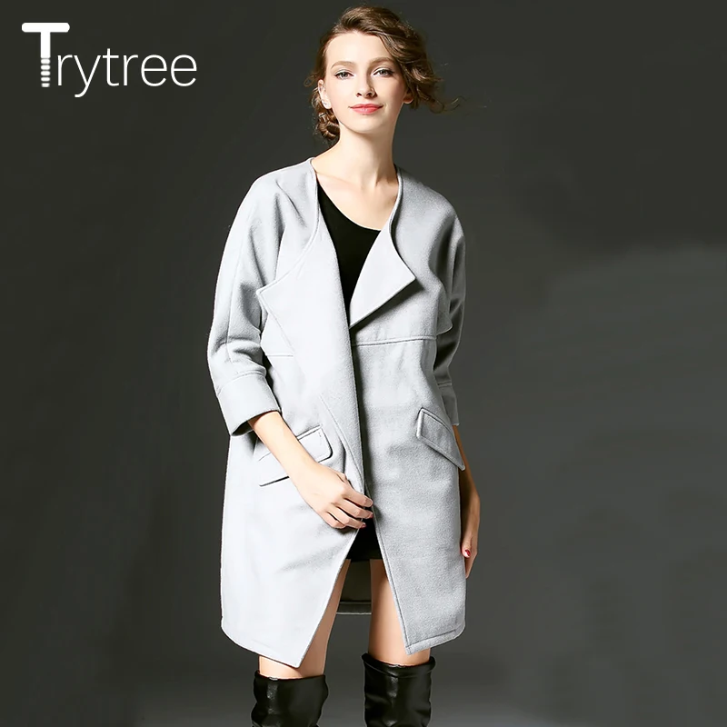 Trytree/осенне-зимнее женское повседневное пальто с круглым вырезом и открытой строчкой, три четверти, свободные тренчи с широкой талией, офисные Женские однотонные длинные пальто