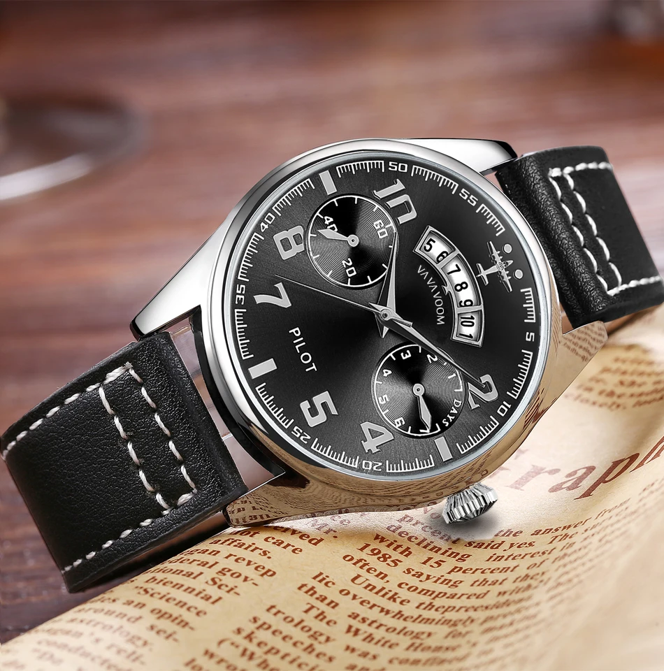 Airplane Sports Military Blue Dial Pilot Calendar Men Wristwatch Chronograph Fashion Casual Brand Army Brown Leather Watches