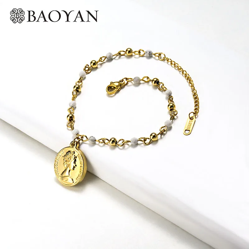 Baoyan, модный браслет из нержавеющей стали, разноцветный, натуральный камень, бусина, цепь, браслеты, Золотой Рог, монета, очаровательные браслеты для женщин - Окраска металла: SSBTG142-16207