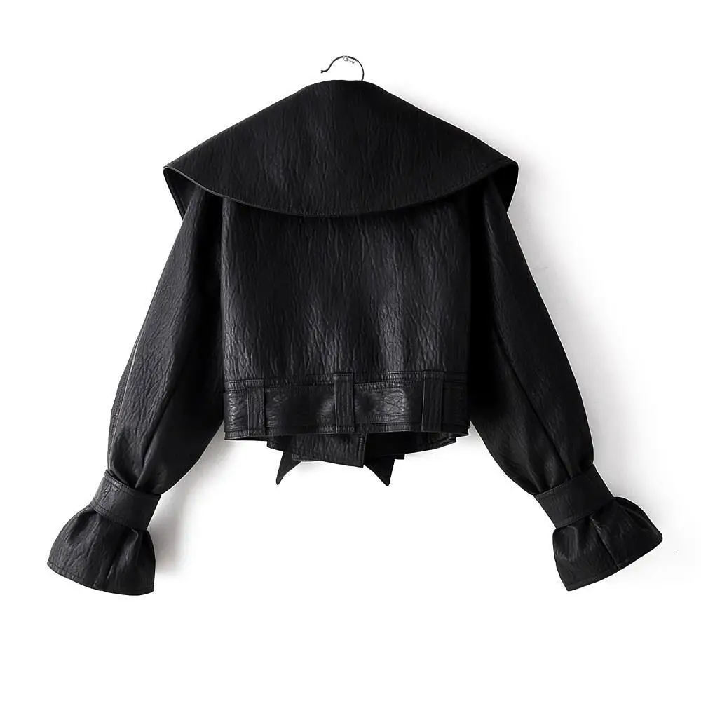 High Street Lapel Bow Frenulum Leather Jacket Women Clothing Autumn Females Locomotive Pu Leather Short Coats