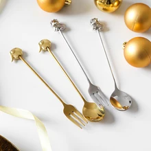 Creative Cute 304 Stainless Steel Small Spoon Home Stir Coffee Dessert Cake Spoon Golden Fruit Fork Dinnerware Set