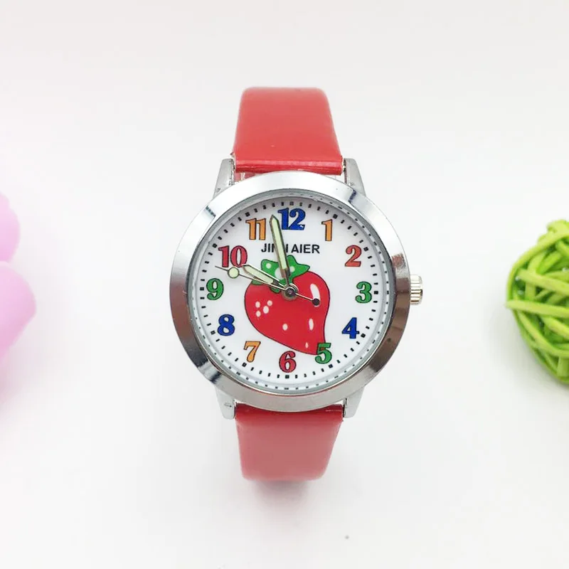 hot fashion cartoon watch for kids jelly leather strap girl's quartz watch boy students clock Strawberry pattern drop shipping wholesale colorful number (10)