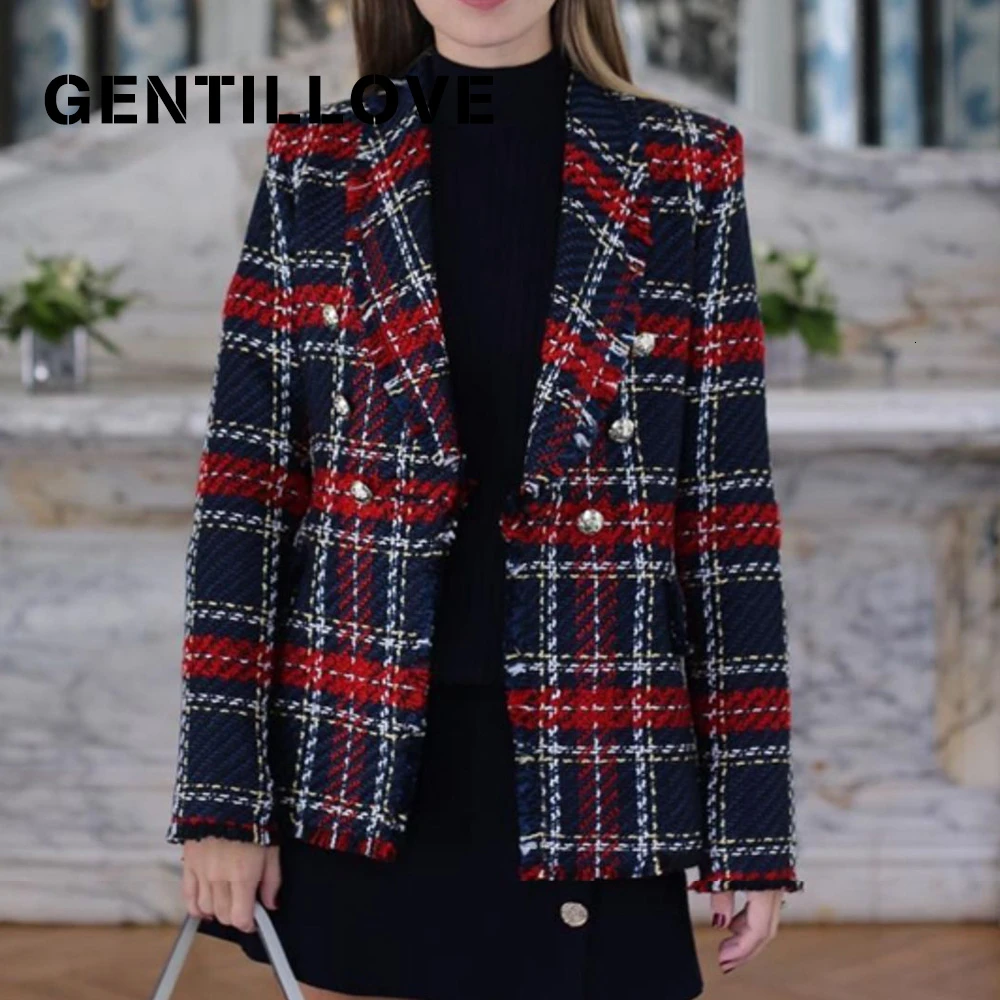 Gentillove Ретро потертые клетчатые твидовые пиджаки женские повседневные двубортные клетчатые куртки повседневные офисные блейзеры пальто Верхняя одежда