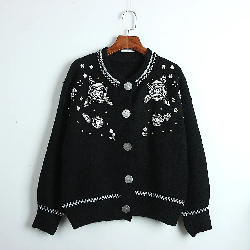 Высокое качество, кардиган, куртка, осень, топы, пальто для женщин, ручная работа, бисер, длинный рукав, Повседневный свитер, кардиганы, белые свитера