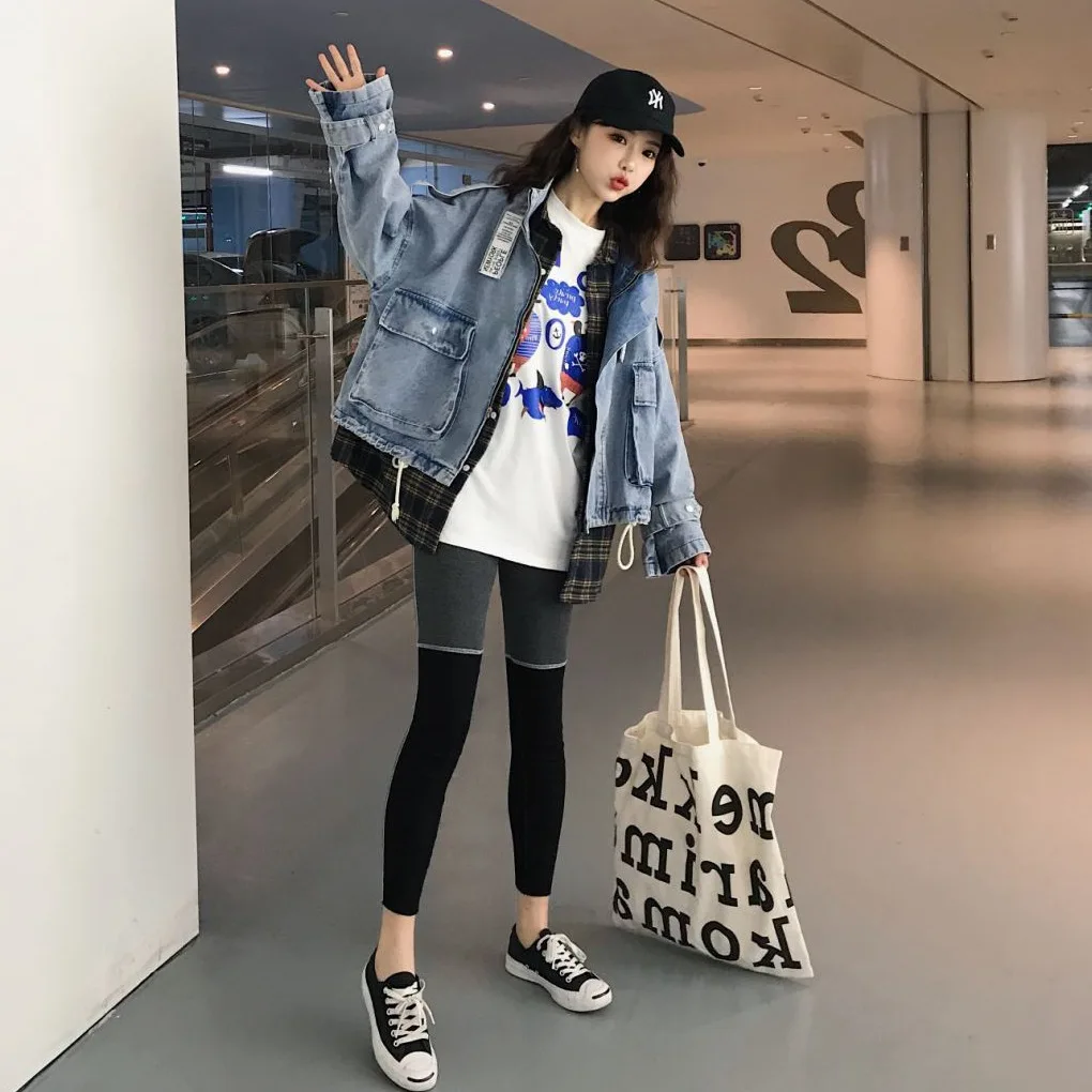 

Photo Shoot CHIC Street Light Blue Short Handsome BF Ribbon Stand Collar Large Pocket Workwear Cowboy Jacket Women's