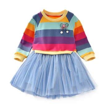 

Autumn Baby Girl Dresse Long-Sleeved Rainbow Striped Pattern Patchwork Mesh Dress Casual Kids Dresses Children Girls Clothes
