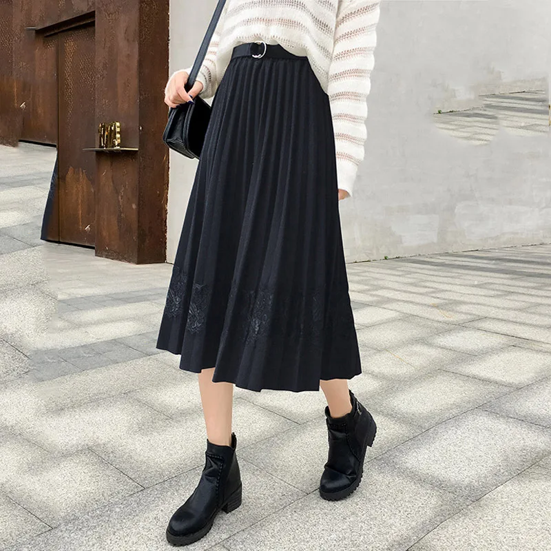 Autumn Women Elasticity High Waist Long Pleated Skirt Female Clothing Fashion Patchwork Sashes saias midi para as mulheres