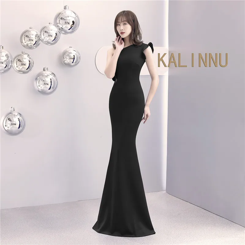 Black Skyyue вечернее платье на одно плечо женские вечерние платья без рукавов robe De Soiree плюс размер однотонные элегантные вечерние платья C085 - Цвет: Black