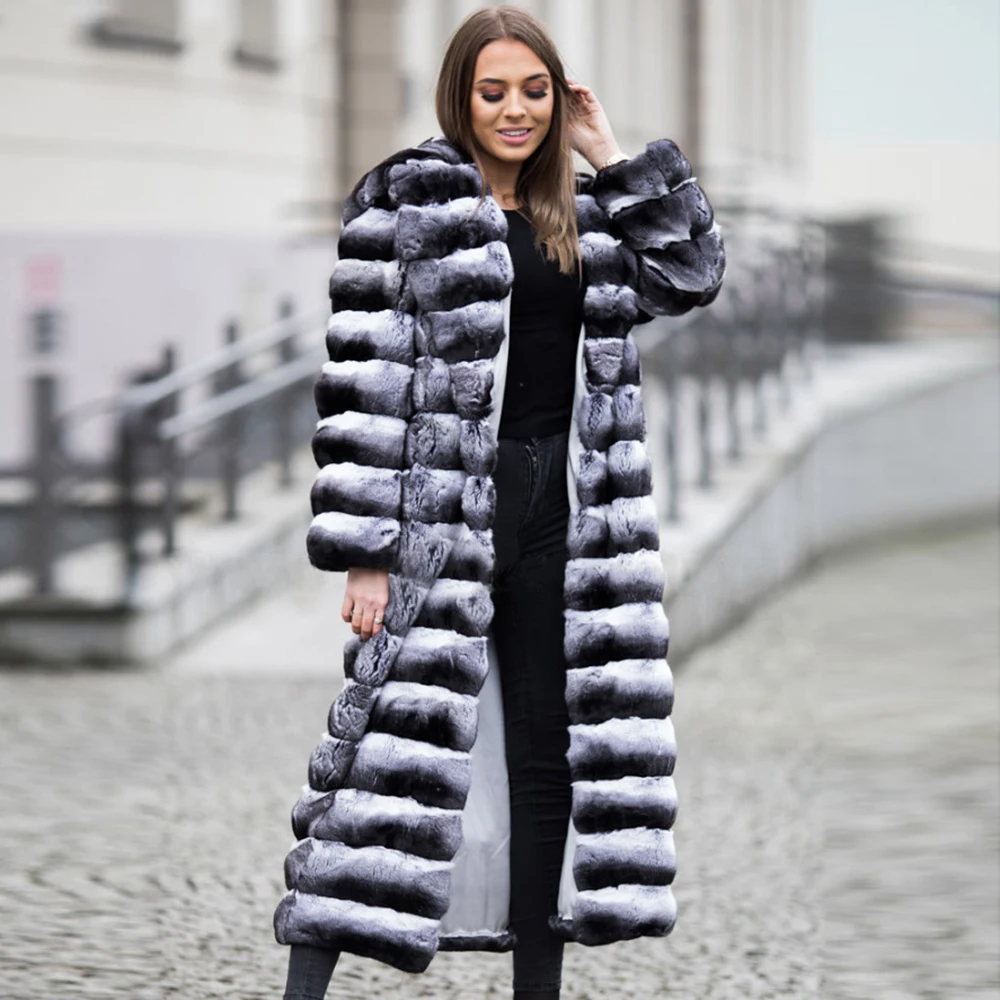 130cm With Hood 130 см X-Long настоящая Шиншилла Цвет шуба из кролика рекс Полный Пелт мех женские меховые пальто верхняя одежда теплая зима Большая распродажа Новинка - Цвет: 130cm With Hood