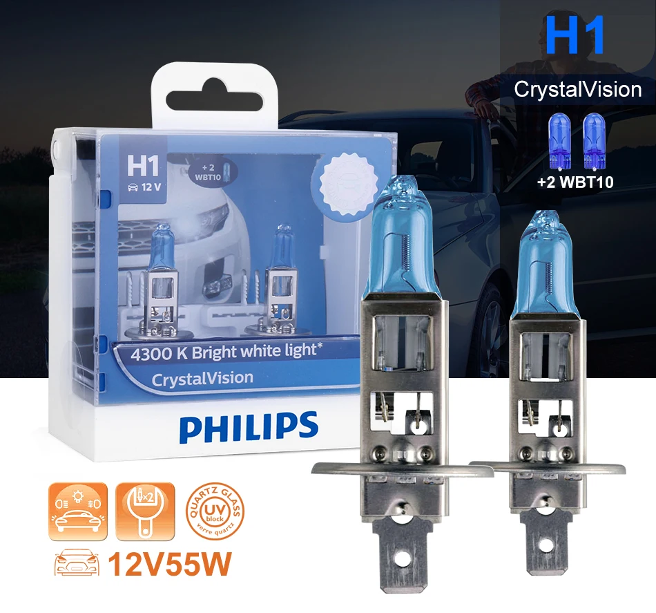 Галогенные лампы Philips H1 55 Вт 12 В Crystal Vision 4300 K, яркий белый светильник, лампы для автомобиля, аксессуары, автомобильная лампа, мотоциклетный противотуманный светильник, 2 шт