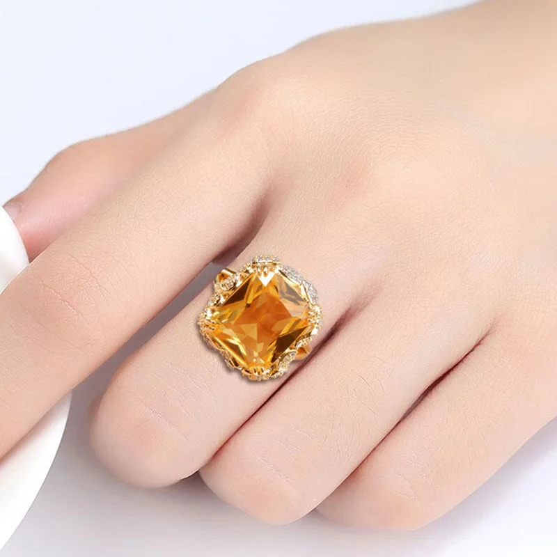 Joiashome Luxury Charms Ring 925 Sterling Silver Jewelry With Square Shaped Citrine Gemstone Wedding Engagement Rings Size 6-10 Silver Ring Wedding Rings Silver Rings Gemstone Ring