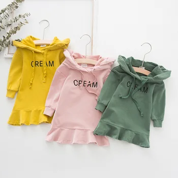 

WLG kids dresses for girls hooded long sleeve letter pritned yellwo pink green ruffle dress baby girl autumn clothes