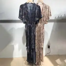 Шикарное винтажное платье с асимметричным v-образным вырезом и принтом, женское модное платье с рукавами «летучая мышь» по щиколотку