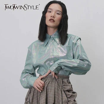 

TWOTWINSTYLE Casual Blouses For Female Lapel Collar Long Sleeve Asymmetrical Loose Women's Shirts Fashion 2020 Clothing Tide