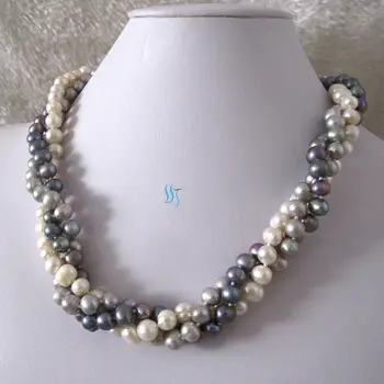 

20" 6-8mm White Silver Gray Dark Gray 3Row Freshwater Pearl Necklace