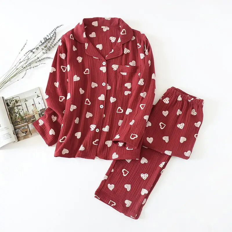 Wine Red Новая модная одежда для сна, женские хлопковые милые пижамы, топы с длинными рукавами для девочек+ штаны, костюм из крепового хлопка, повседневная домашняя одежда - Цвет: Wine Red