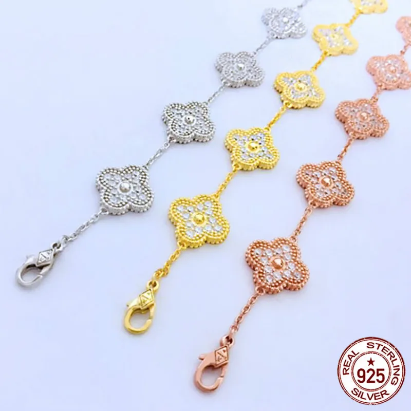 

S925 sterling silver bracelet fashion style five-flower four-leaf clover inlaid stone shape to send a lover's gift 2019 new hot