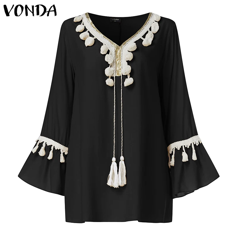VONDA/Женские блузки с длинными рукавами, сексуальные богемные топы с v-образным вырезом, осень, винтажная туника с принтом, женская рубашка, большие размеры - Цвет: Black