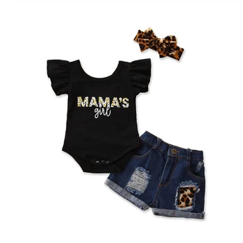 

2020 Summer Kids Girls Clothes Sets 3pcs Leopard Letter Printed Flying Sleeve Romper Tops Denim Shorts Headband Outfit