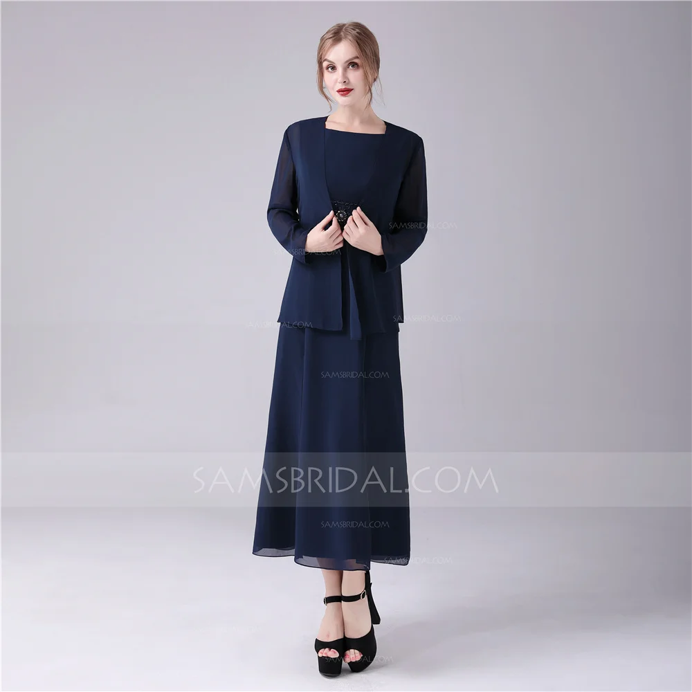 Sheath / Column Jewel Tea-length Chiffon Evening Dress with Sequined