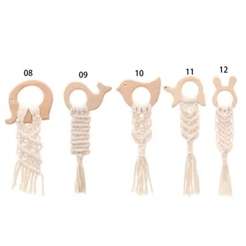 

Wooden Woodland Animal Macrame Natural Cotton Baby Teether Wood Dolphin Elephant Bird Boho Teething Toy