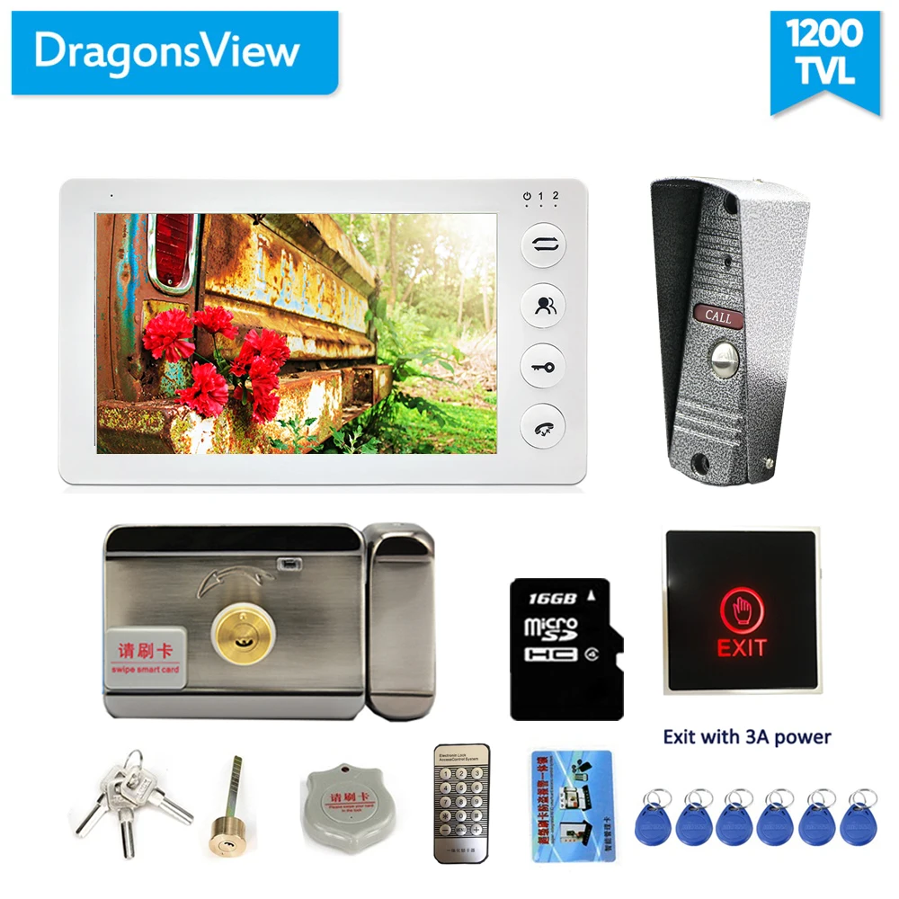 Dragonsview Video Intercom System Door Phone Doorbell Camera Kit with Lock 7 Inch 1200TVL Recording 16GB SD card Talk Unlock