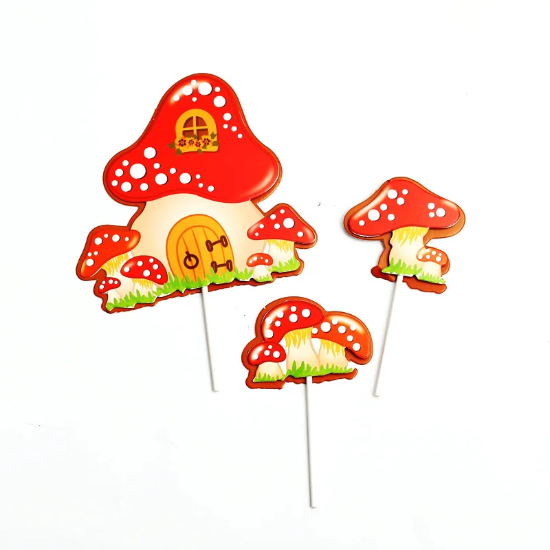 Fairy Tale World Theme Small Mushroom House Balloon Happy Birthday Cake Topper Kids Favors Cake Decoration Party Supplies