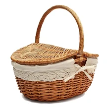 Ручная плетеная корзина с ручкой, плетеная корзина для пикника с двойной крышкой, корзина для хранения покупок с тканью Lin
