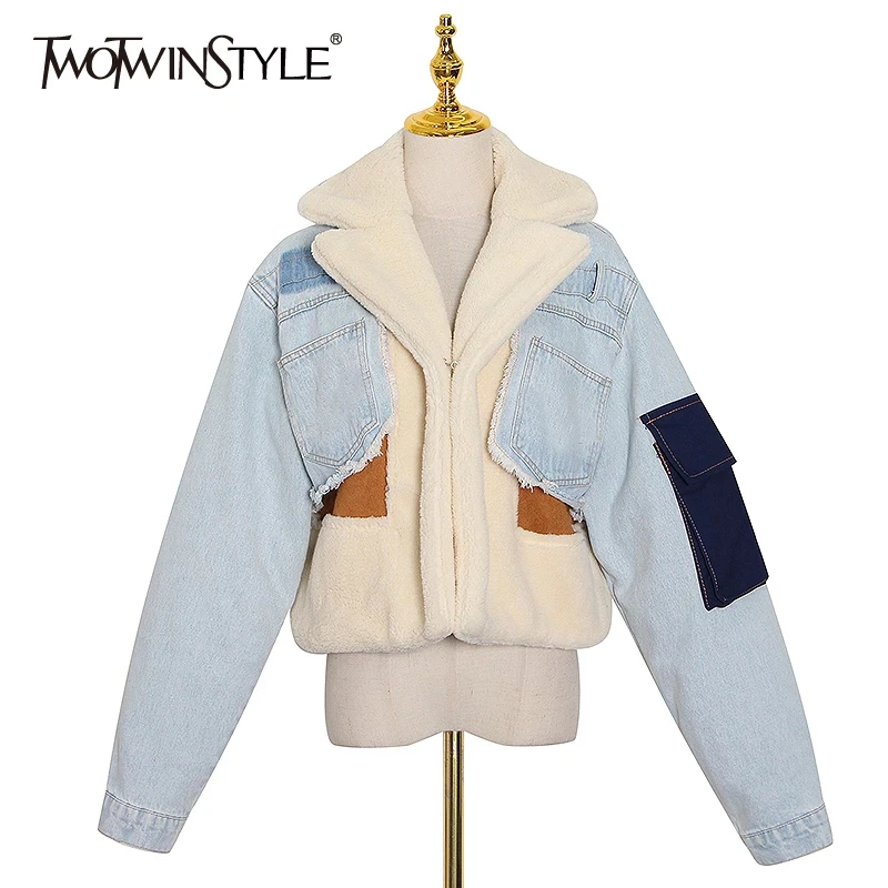Denim Jacket Coat TWOTWINSTYLE Lambswool Winter Fashion Casual Women Patchowrk Tassel