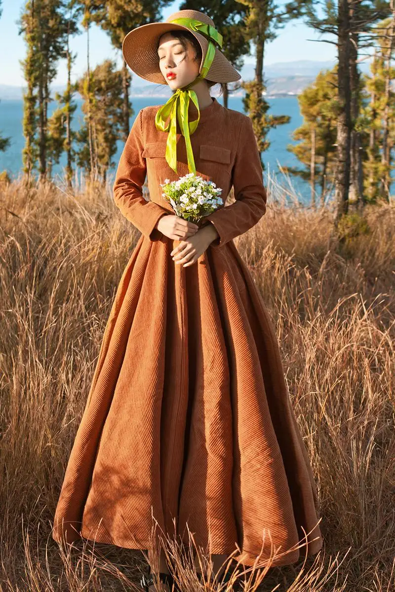 Will the new women cultivate one's morality show thin big skirt of tall waist corduroy dresses