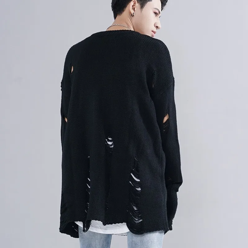 

2020 High Street Personality Baggy Mens Pullover Loose Lovers Kitted Sweater Fashion Hole Ripped Black Casual Sweaters For Men