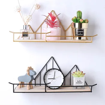 

Iron art Wall Hanging Storage Basket with wood board Decorative Mountain shape Home storage basket Shelf Makeup basket organizer